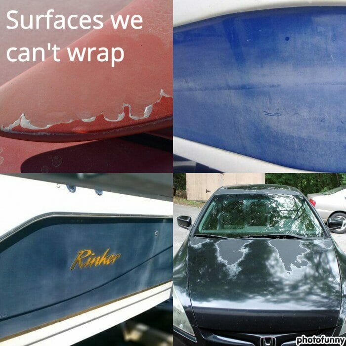 Examples of damaged surfaces that cannot be wrapped - peeling paint, faded surfaces, and deteriorated finishes